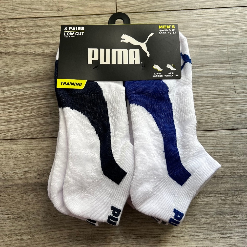 6 Pair Puma Men Training-style Low Cut Socks White-Blue Large Sock 10-13